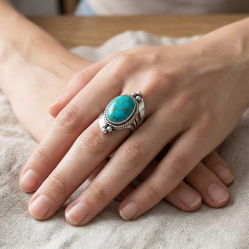 Handmade 925 Sterling Silver Plated Ring Natural Gemstone Carnelian, Rose Quartz, Tiger Eye, Crystal Oval Boho Jewelry For Women - color: Copper Blue Turquoise