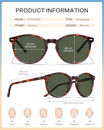 DUCO Women's Trendy Retro Round Acetate Polarized Sunglasses, UV400 99% Glare Block, Lightweight for Daily & Outdoor - color: 6. Tortoise Frame Green Lens