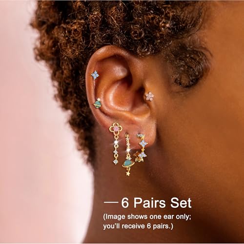 6 Pcs/6 Pairs Hypoallergenic 925 Sterling Silver Stud Post 14K Gold Earrings for Women Moon Star Hoop Stackable Cubic Zirconia Chain Dangle Earring Set Stacks for Multiple Piercings - color: Gold Flower Planet