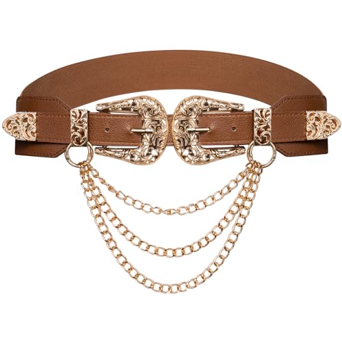 Dubulle Womens Belt Chain Leather Belts Vintage Western Adjustable Elastic Double Buckle for Cowboy Pant Dress - color: Coffee Brown Gold