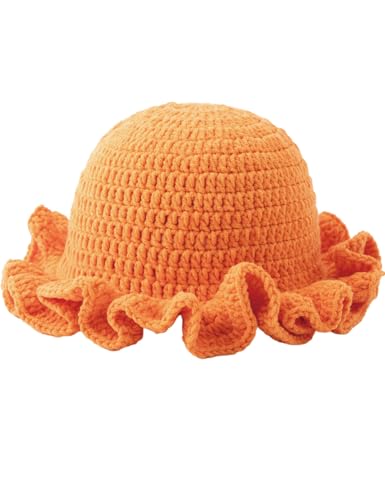 KORADI Womens Crochet Bucket Hat Ruffled Brim Knitted Hats Winter Boho Handmade Caps - color: Orange