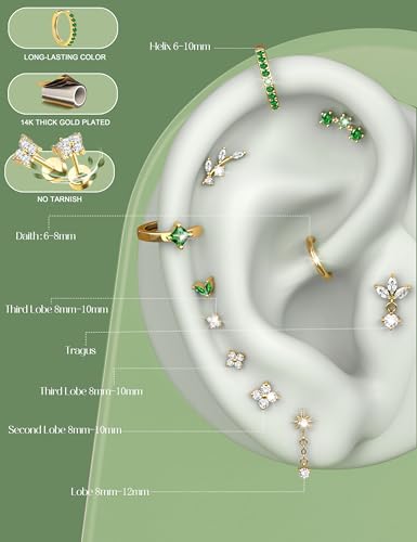 ORAZIO 16 Gauge Cartilage Earrings for Women Flat Back Hypoallergenic Surgical Steel Small Flatback Stud Hoop Cartilage Earring Stack Set Daith Conch Tragus Helix Piercing Jewelry Single PC - color: 14K Gold Plated+Emerald CZ