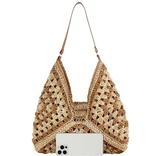 Straw Hobo Bag for Women 2026 Boho Woven Beach Purse Large Summer Straw Tote with Lining Black Raffia Shoulder Bag | straw material - color: Style1-khaki