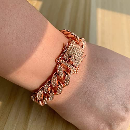 Apzzic Cuban Link Bracelet Iced Out Miami Gold Plated Hip Hop Full CZ Prong Diamond Bracelet with Giftbox Cuban Link Anklets for Men Women - color: Rose Gold-Bracelet