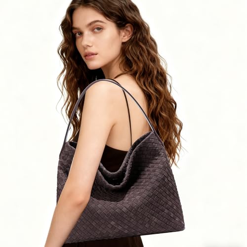 Slouchy Suede Woven Hobo Bags Women Trendy Suede Shoulder Bag Crossbody Satchel Crescent Purse Top Handle Tote Handbag (Pine Teal 01)