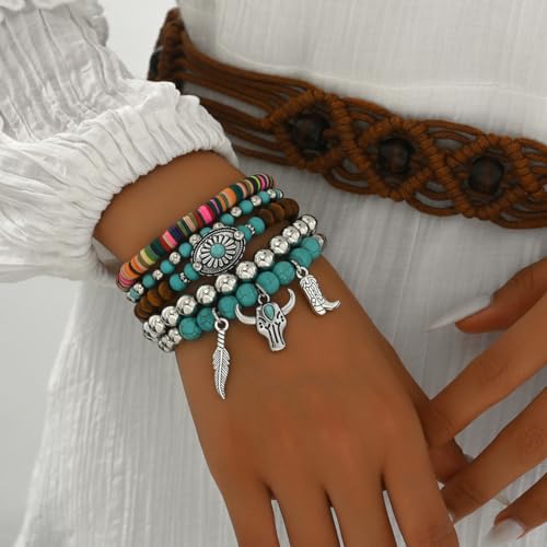 Western Turquoise Beaded Bracelet Stack - Vintage Cowgirl Stretch Set with Bull Skull, Feather & Boot Charms, Handmade Boho Jewelry for Rodeo, Country Concerts & Casual Western Outfits - style: Cow