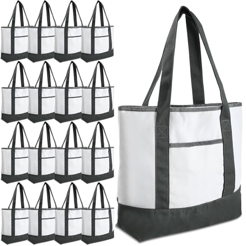 Reginary 16 Pcs Canvas Tote Bags Bulk with Outer Pocket 18 Inch Reusable Shopping Grocery Blank Tote Bag for Women Mother DIY Wedding Graduation Party(Gray White) - color: Gray White
