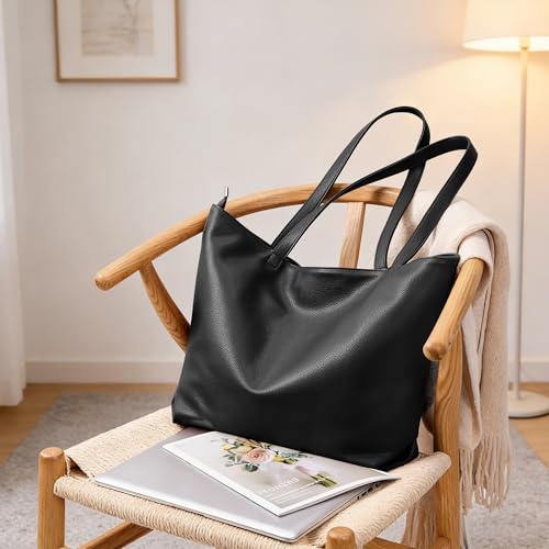 WLLWOO Soft Vegan Leather Tote Bag for Women Large Casual Hobo Handbags Zipper Shoulder Work Daily Weekender Travel Purse - color: Black