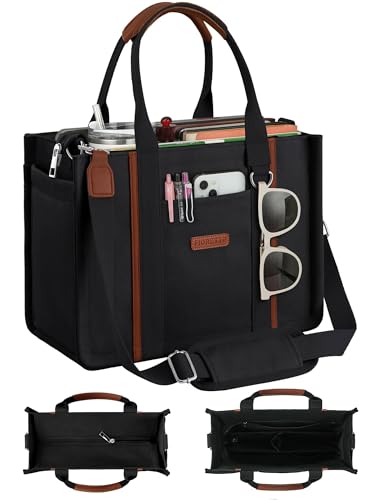 FIORETTO Women’s Canvas Tote Bag Purse with Zipper, Multi Compartment & Reinforced Bottom, Ideal for Work, Bible, Travel - color: Black, size: Medium, style: Built-in Organizer