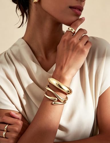 Chunky Gold Bangle Bracelets for Women, Dainty 14k Gold Plated Big Stackable Bangles Set, Trendy Statement Cuff Bracelet Stack Summer Beach Jewelry Gifts - style: Gold