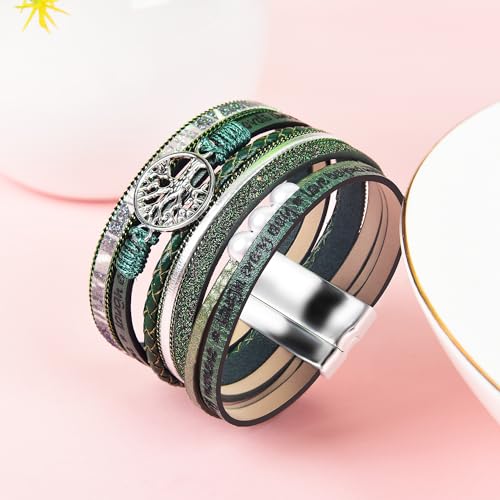 Boho Leather Wrap Bracelets Bohemian Crystal Bracelets Trendy Layered Bracelet with Magnetic Clasp Jewelry Gifts for Women - color: Green