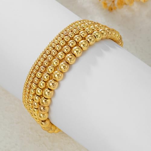 Gold Bracelets for Women 14K Gold Plated Beaded Non Tarnish Bracelets Stretch Bead Ball Bracelet Stack Set Jewelry for Gifts - color: A SET 5PC