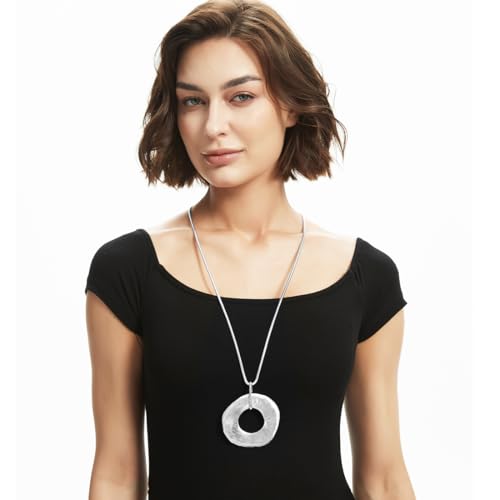 Large Water-Drop Oval Pendant Long Necklace, Long Sweater Chain Y-Necklace for Women (Silver)