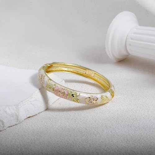 Vintage Flower Cuff Bangles Gold Plated Cloisonne Chinoiserie Peony Floral Elegant Bracelet Gifts For Women - color: light yellow pink