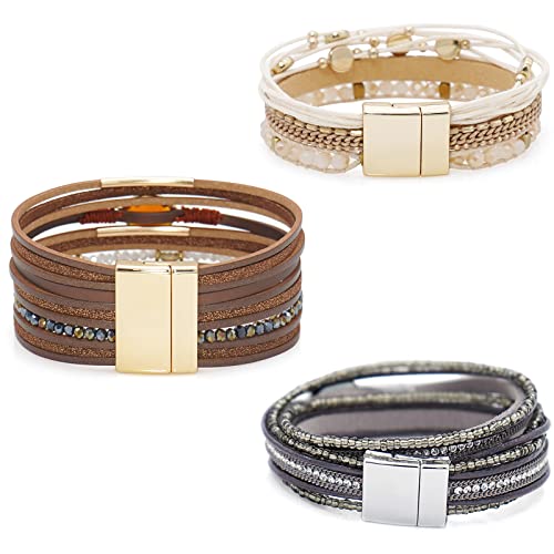 Leather Wrap Bracelet Set 3Pack Wrist Cuff Bracelet for Women Multilayer Magnetic Clasp Bracelet Feather Tree Bead Crystal Bracelet - color: Three Crystal