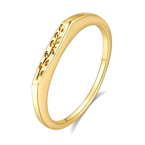 YeGieonr 14K Gold Plated Signet Rings for Women Non Tarnish 925 Sterling Silver Dainty Stackable Gold Ring, Waterproof Engraved Flower Thin Band Unique Everyday Jewelry Gift - color: Yellew Gold-Eucalyptus Signet Ring