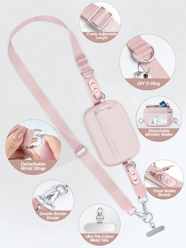 Tiostep Clip and Go Strap for Phone with Wallet Crossbody Phone Lanyard Adjustable and Detachable RFID Wristlet Wallet with ID Window and Zipper, Pink - color: Pink, size: Medium