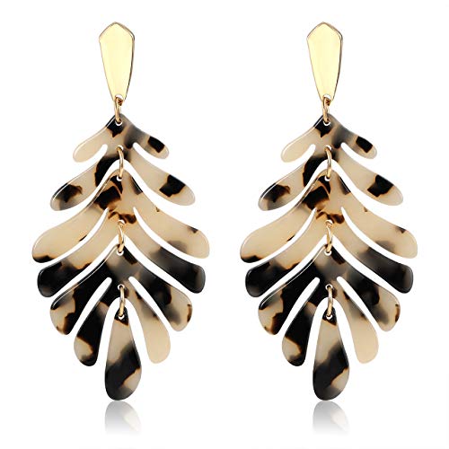 ARATLENCH Acrylic Pendant necklace Earrings – Long Statement Leaf Charm Necklace Tortoise Resin Palm Leaf Earrings Fashion Necklaces Earrings for Women - color: Leopard-earrings