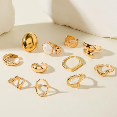 Gold Rings for Women Non Tarnish Stackable Rhinestone Moon Star Rings Dainty Stacking Pearl Butterfly Midi Pinky Thumb Joint Finger Knuckle Ring Set Gold Non Tarnish Jewelry Gifts Trendy Stuff - color: S Chunky Gold Rings 11Pcs