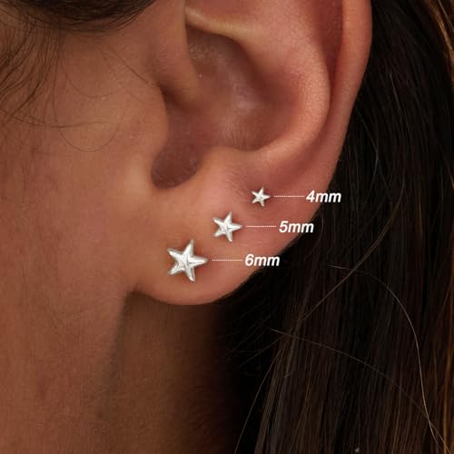 3 Pair Tiny Flat Back Earrings for Women - 14K Gold/White Gold Plated Dainty Cute Small Screw Flatback Stud Earring, Everyday Wear Gift - color: Star Flat-4/5/6mm Silver