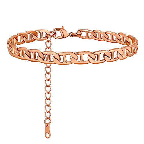 ChainsHouse Ankle Bracelets for Women, Stainless Steel Chain Anklets Waterproof, Women Summer Beach Jewelry Gift, Come with Box - color: 11. 6mm-Flat Marina-Rose Gold