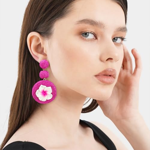 Boho Raffia Ball Earrings for Women, Handmade Statement Drop Earrings Straw Dangle Earrings Beach Vacation Jewelry - color: Hot Pink Flower