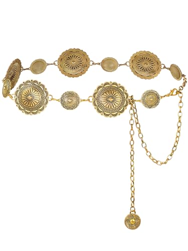 FIORETTO Western Waist Chain Belt Metal Concho Belt for Women Cowgirl Cowboy Boho Country Belt for Dress Jean - color: Gold-25, size: Fit Waist Up to 46"