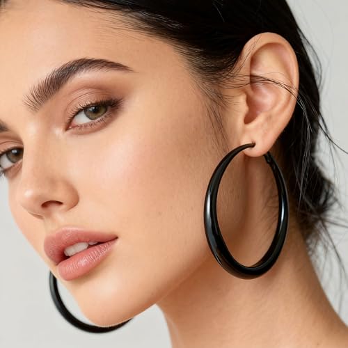 EXGOX Sterling Silver Hoop Earrings - Hypoallergenic, Lightweight, Chunky, 14K Real Gold Plated, Big Large Hoops for Women - color: Chunky&Black hoop 50mm