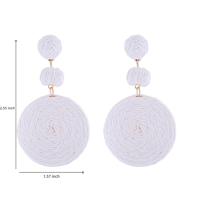 Boho Raffia Ball Earrings for Women, Handmade Statement Drop Earrings Straw Dangle Earrings Beach Vacation Jewelry - color: White