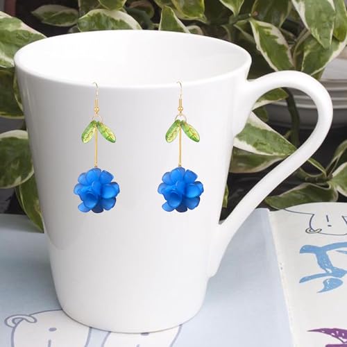 Resin Flower Cluster Ball Dangle Drop Earrings for Women Spring Summer Bohemian Floral Petal with Green Leaf Earrings Vacation Party Jewelry - color: Royal Blue