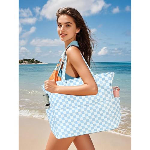Bluboon Waterproof Beach Tote Pool Bags for Women Ladies Extra Large Carry On Bag With Wet Compartment for Weekender Travel - color: Blue White Checked
