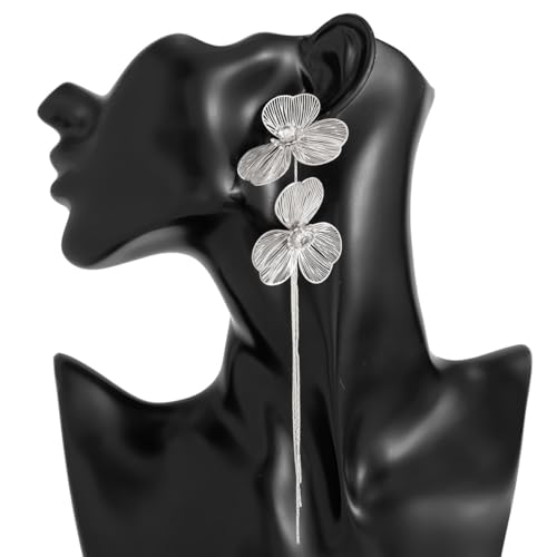 Boho Gold Flower Drop Dangle Earrings for Women Rhinestone Floral Leaf Chandelier Earring Layered Long Tassel Statement Floral Earring Prom Brides Wedding Party Fashion Jewelry Accessary - color: Silver