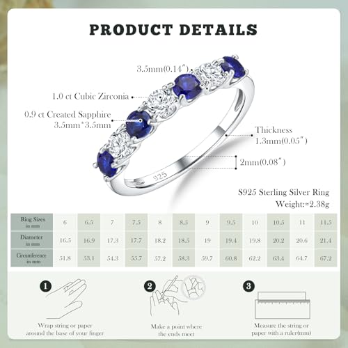 3.5mm Stackable Rings S925 Sterling Silver Created Birthstone & Cubic Zirconia Ring for Women Wedding Bands Anniversary Birthday Jewelry Size 6 to 10(with Box) - color: 09-Created Sapphire & CZ-Sep