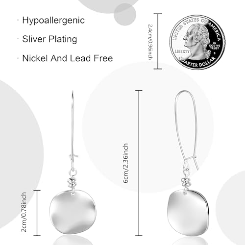 14K Gold Dangle Earrings for Women，Lightweight Circle Disc Coin Geometric Flat Brushed Drop Earrings, Hypoallergenic Leverback Earrings Jewelry - color: C-Silver