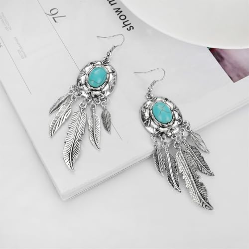 Boho Turquoise Drop Earrings Retro Long Copper Feather Tasse Metal Leaf Dangle Earrings Vintage Country Western Jewelry Cowgirl Ethnic Style Geometric Concert Festival Accessories for Women - color: Turquoise Feather
