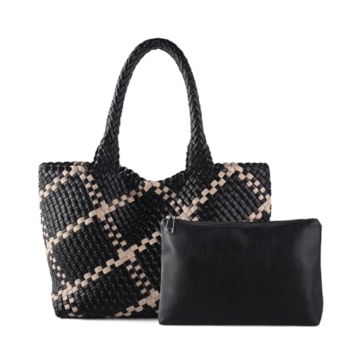 Woven Tote Bag Womens Purse Vegan Leather Shoulder Handbags Fashion Summer Beach Tote Bags Large Travel Totes - color: Black-a