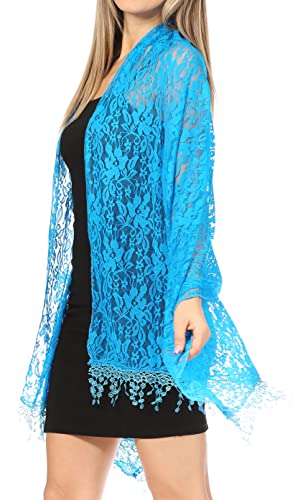 Sakkas Mari Women's Large Lightweight Soft Lace Scarf Wrap Shawl Floral and Fringe - color: Style3-blue