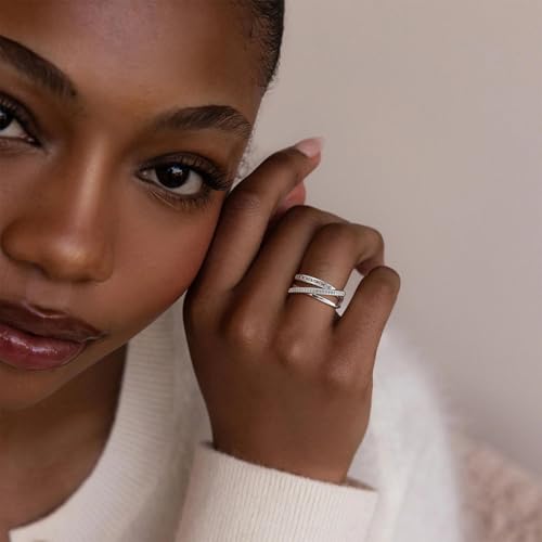 FISSEN JEWELRY Gold Rings for Women, Non Tarnish Dainty 14k Gold Plated Silver CZ Cross Ring Cute Cubic Zirconia Pinky Thumb Stackable Band Silver Finger Rings Size 6-10 Jewelry for Her - color: Silver Diamond Multi Layer