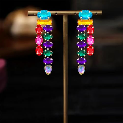 Boho Large Sparkly Rhinestones Teardrop Drop Dangle Earrings Long Tassel Full Crystals Chain Earrings for Women Wedding - style: Colorful