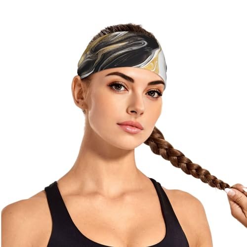 Black and Gold Swirl Liquid Ink Marble Workout Headbands Fashion Sports Sweatbands Yoga Hairbands for Fitness Athletic Non Slip Wicking Headscarf for Men Womens Girls Summer Accessories Elastic Bands - color: Black And Gold Swirl Liquid Ink Marble
