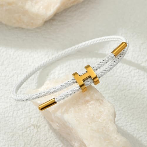 AIMADE Bracelets for Women Adjustable Charm Bracelet, 18k Gold-plated Buckle Design Titanium Steel Wire Rope Women's Gift Jewelry - color: White