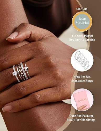 FIASASO Gold Rings for Women Non Tarnish - 5Pcs Dainty Stackable Rings 14K Gold Plated Cubic Zirconia Stacking Rings Non Tarnish Waterproof Minimalist Thin Stack Ring Size 5 6 7 8 9 10 - color: Silver