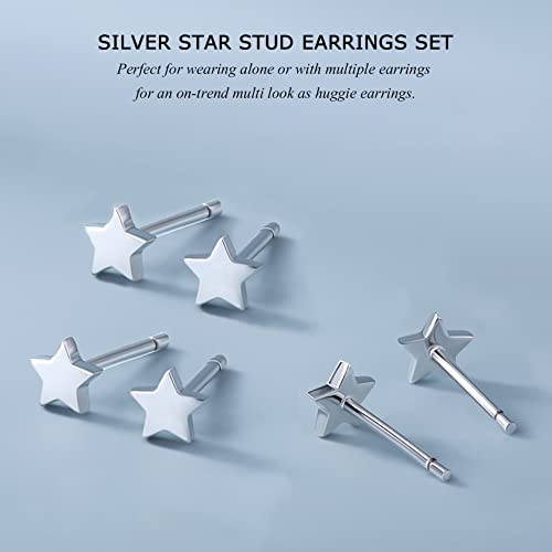 3 Pairs 925 Sterling Silver Star Stud Earrings for Women,Tiny Simple Geometric Stud Earrings Set Small Hypoallergenic Cartilage Tragus Ear Jewellery for Men (3/4/5mm) - color: 06 Silver-3 Pairs-5mm