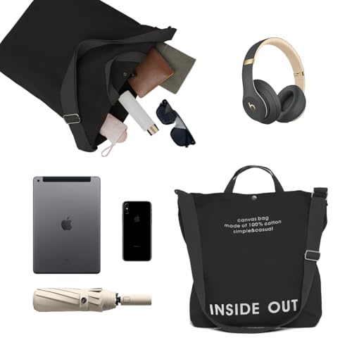 Canvas Tote Bag For Women inside out bag Crossbody Handbag with Adjustable Strap and Coin Purse for Work,Travel,Grocery - color: Black