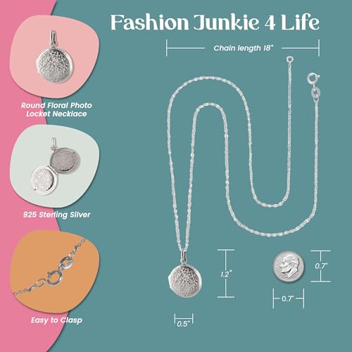 FashionJunkie4Life Sterling Silver Oval Locket Necklaces for Women, 18" Cable Chain - style: Round Floral