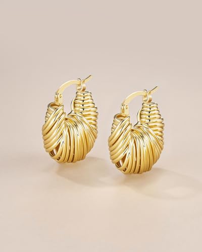 18K Gold Plated Boho Chunky Leaf Floral Geometric Textured Basket Weave Braided Dangling Statement Earrings for Women by SNGIA, Wavy Handmade Trendy Ribbed Fan Dangle Hoop Jewelry Gifts, Summer Round Oval Square African Beachy Vacation Flower Fashion Acce
