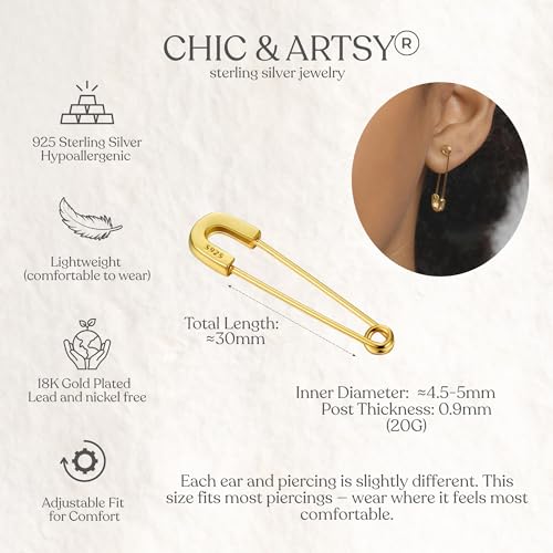 CHIC & ARTSY 925 Sterling Silver Safety Pin Earrings - Lightweight Comfortable Punk Paperclip Cartilage Hoop Earrings, Trendy Industrial Style Jewellery for Women and Men - color: Yellow-#5
