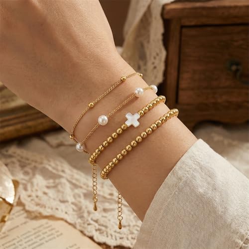 PEALICIOUS 2Pcs Chunky Bracelet for Women, Girls Gold Bangle Bracelet 7in Minimalist Silver Chunky Bangles Prom Gifts, Trendy Gold Arm Cuff Upper Arm Band, Stack Bead Prom Accessories Summer Jewelry - style: gold bead bracelets