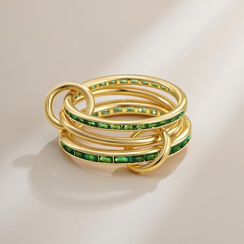SLOONG Gold Stackable Rings for Women Non Tarnish, Dainty 18K Gold Plated Cubic Zirconia Rings, Silver Rose Gold Rings Set, Multi Ring Mixed Metals Stackable Ring Set for Women - style: 3PCS Gold+Green