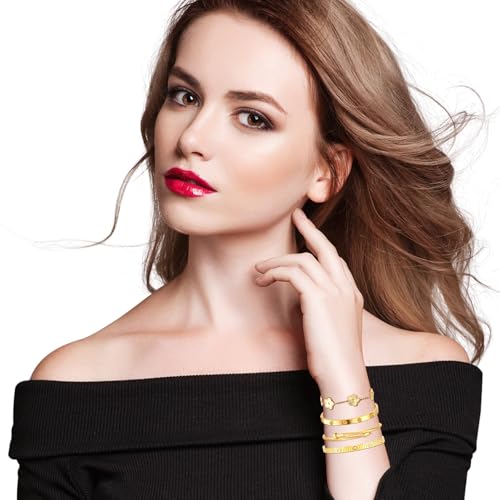 Womens Stackable Floral Gold Bracelets - 4Pcs 18K Gold Plated Bracelet,Stainless Steel Bangle Bracelets Non Tarnish, Gold Bracelet Set Trendy Jewelry,Christmas Valentines Birthday Gifts for Girlfriend - color: Bracelets Stack 4Sets (Floral Gold Bracelets,